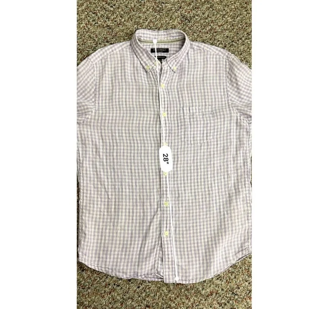 Banana Republic Men's Lavender White Linen Gingham SS Button-Down Shirt Size M